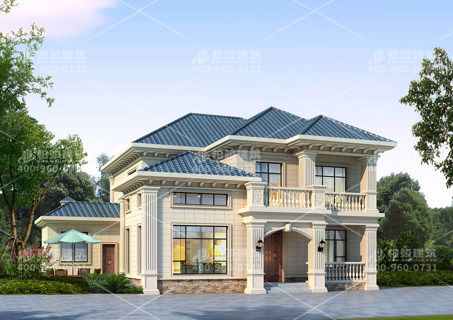 新中式别墅设计图，带辅房墨绿色房顶。