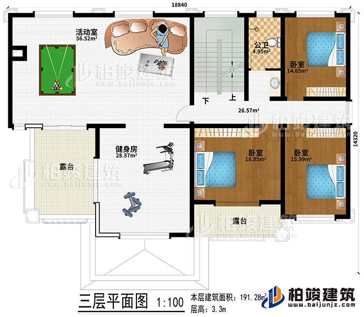 三层：健身房、活动室、3卧室、公卫、２露台