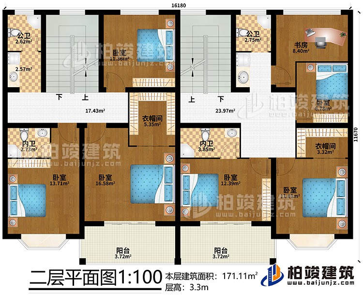 二层：2衣帽间、2内卫、2公卫、书房、6卧室、2阳台