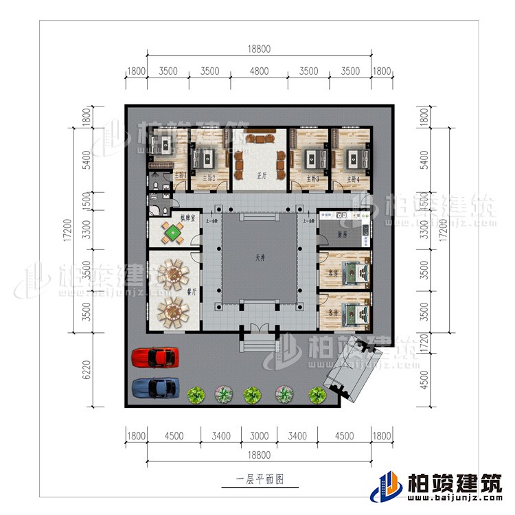 一层：车库、餐厅、棋牌室、厨房、正厅、6卧室、公卫、内卫