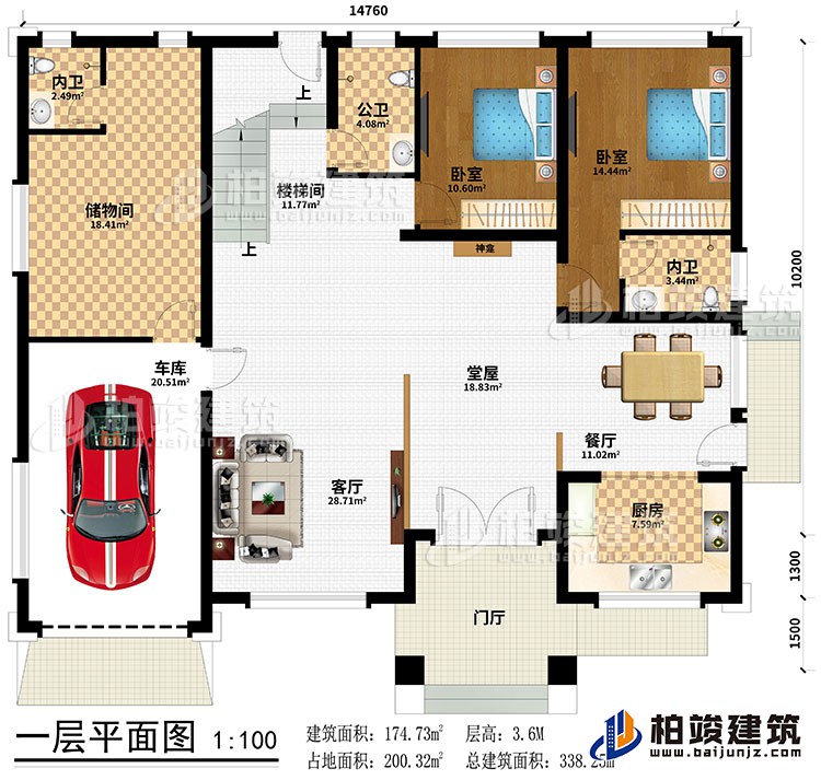 一层：门厅、堂屋、神龛、餐厅、厨房、客厅、储物间、2卧室、公卫、2内卫、车库、楼梯间