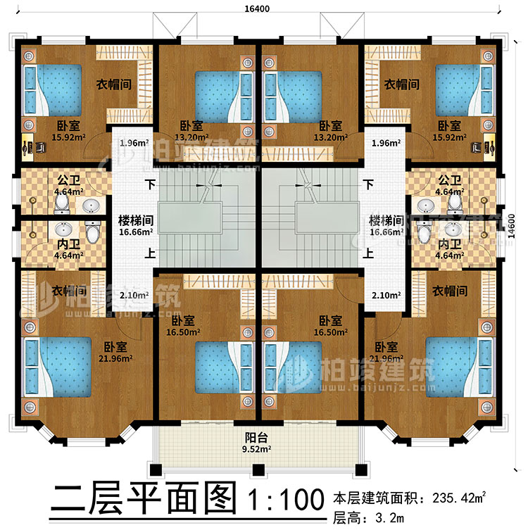 二层：2楼梯间、8卧室、4衣帽间、2公卫、2内卫、阳台