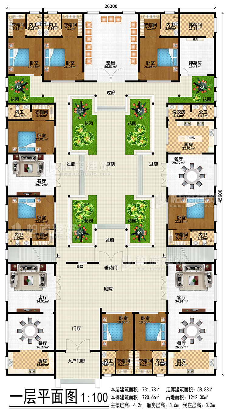 一层：入户门廊、门厅、3餐厅、3厨房、3客厅、堂屋、神龛、神龛房、储物间、6花园、4过廊、2庭院、影壁、垂花门、中岛、洗衣房、公卫、8卧室、8衣帽间、8内卫