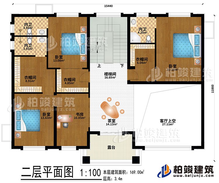 二层：茶室、楼梯间、客厅上空、3卧室、3衣帽间、书房、3内卫、露台