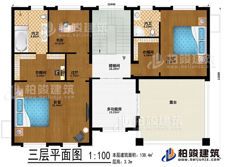 三层：2卧室、2衣帽间、过厅、书房、2内卫、多功能房、楼梯间、露台