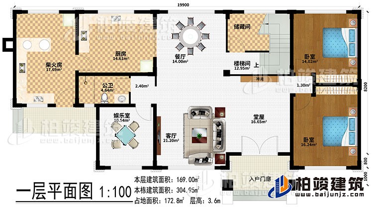 一层：入户门廊、堂屋、神龛、客厅、餐厅、厨房、柴火房、储藏间、2卧室、公卫、娱乐室、楼梯间