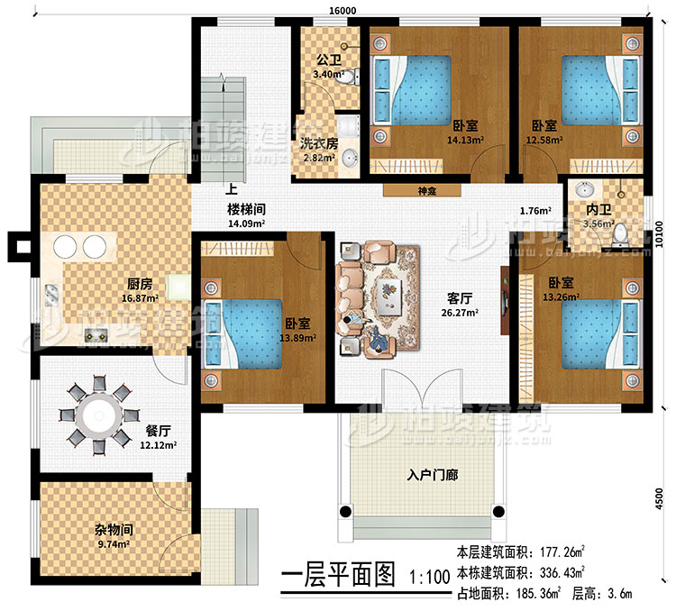 一层：入户门廊、客厅、神龛、楼梯间、厨房、餐厅、杂物间、4卧室、洗衣房、公卫、内卫